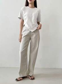 Dazy-Less Camiseta con dobladillo dividido de color sólido, estilo de dinero viejo, ropa casual de negocios para mujer - Blanco - Ver 3