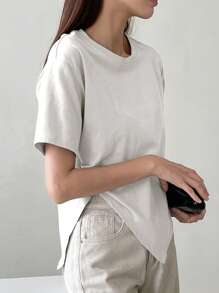 Dazy-Less Camiseta con dobladillo dividido de color sólido, estilo de dinero viejo, ropa casual de negocios para mujer - Blanco - Ver 5