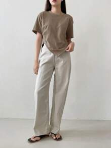 Dazy-Less Blusa de tela sólida con abertura en el bajo, ropa de trabajo de estilo casual elegante para mujer - Camel - Ver 3