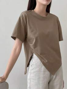 Dazy-Less Blusa de tela sólida con abertura en el bajo, ropa de trabajo de estilo casual elegante para mujer - Camel - Ver 5