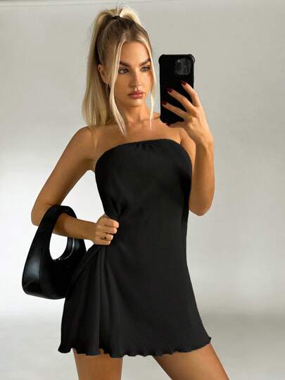 SHEIN EZwear 素色木耳邊抹胸連衣裙