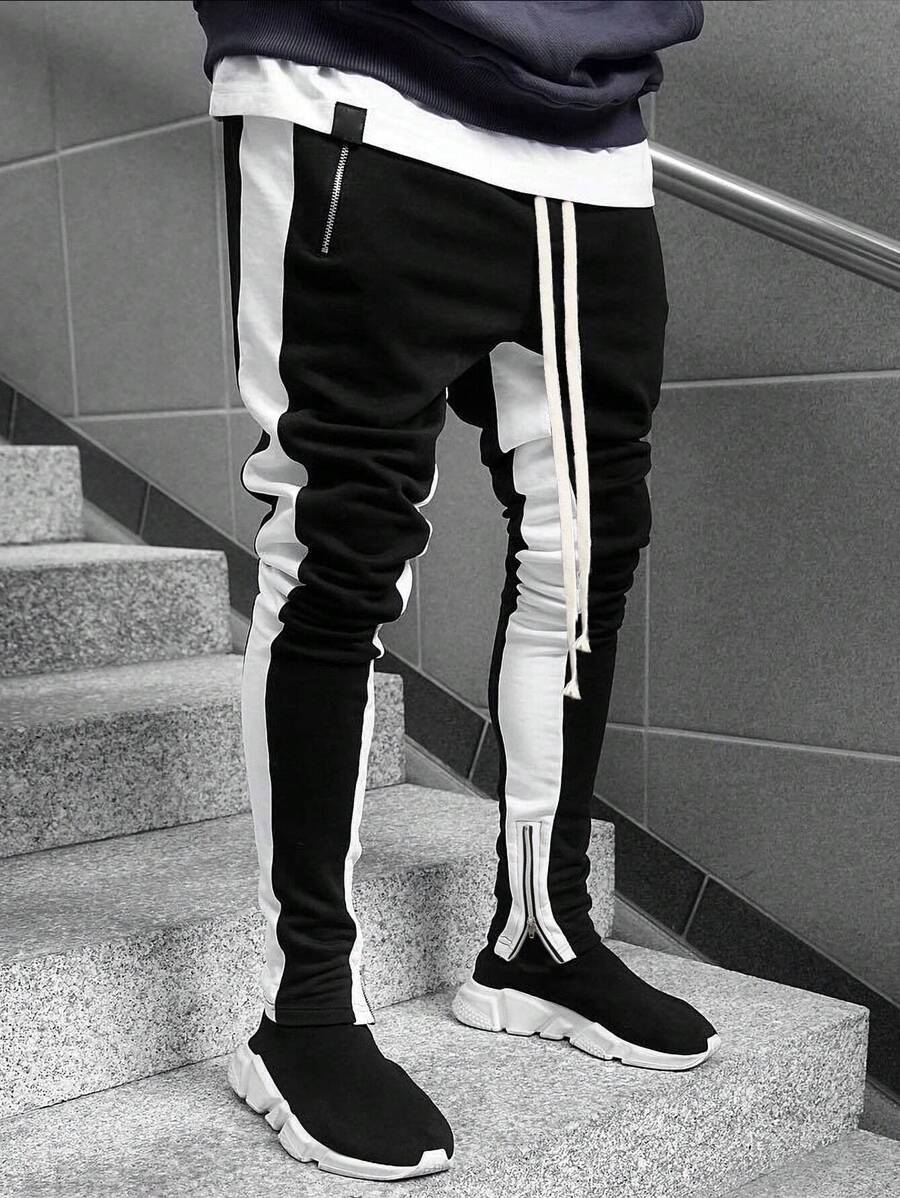 Boyfriend Style Men Colorblock Drawstring Waist Zipper Detail Sweatpants