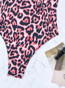 Leopard Print Halter One Piece Swimsuit - Multicolor - View 5