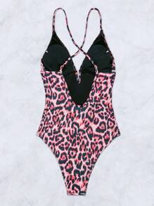Leopard Print Halter One Piece Swimsuit - Multicolor - View 8
