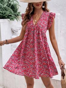 SHEIN Frenchy 碎花荷葉邊娃娃裙 - 紅色 - 查看 1