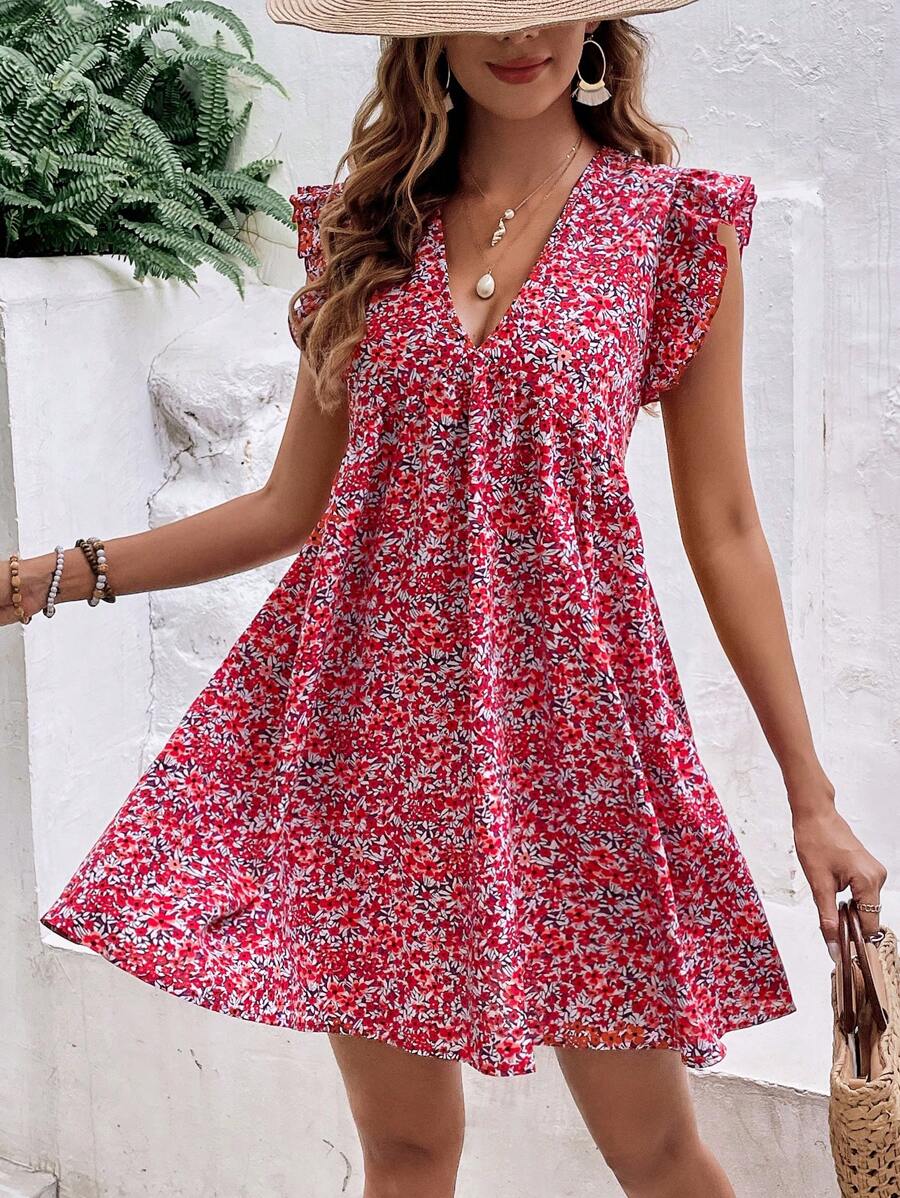 SHEIN Frenchy 碎花荷葉邊娃娃裙 - 紅色 - 查看 1