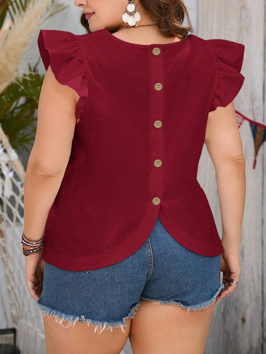 SHEIN LUNE 背面带纽扣的荷叶边衬衫 - 酒紅色 - 查看 1