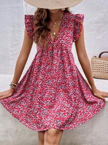 SHEIN Frenchy 碎花荷葉邊娃娃裙 - 紅色 - 查看 4