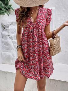 SHEIN Frenchy 碎花荷葉邊娃娃裙 - 紅色 - 查看 5