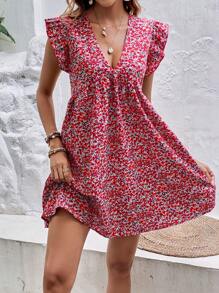 SHEIN Frenchy 碎花荷葉邊娃娃裙 - 紅色 - 查看 6