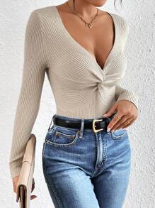 SHEIN Frenchy Twist Front Ribbed Knit Jumper - Apricot - View 6