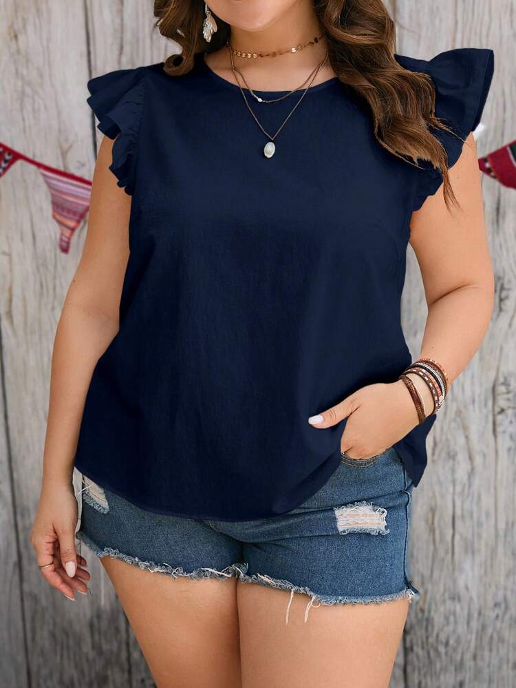 Plus Button Back Ruffle Trim Blouse