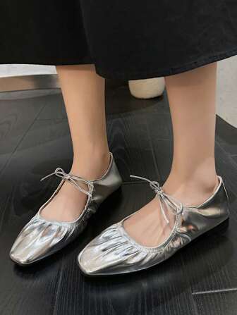 Fall/Winter Women Metallic Ruched Detail Square Toe Flats, Glamorous Outdoor Flat Shoes,Ballet