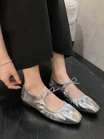 Fall/Winter Women Metallic Ruched Detail Square Toe Flats, Glamorous Outdoor Flat Shoes,Ballet