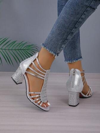 女性水鑽裝飾粗跟涼鞋,魅力四射派對踝帶平底涼鞋