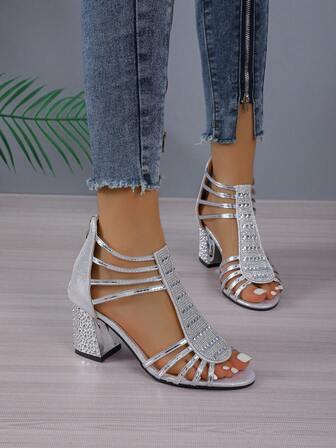 Women Rhinestone Decor Chunky Heeled Sandals, Glamorous Party Ankle Strap Sandals Valentines