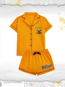 Harry Potter | ROMWE Letter Graphic Contrast Piping PJ Set, School - Orange - View 1