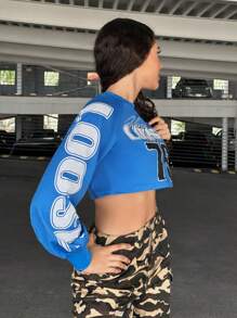 SHEIN SXY 字母圖案短款運動衫 - 藍色 - 查看 3