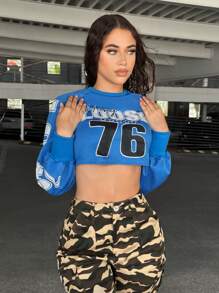 SHEIN SXY 字母圖案短款運動衫 - 藍色 - 查看 4