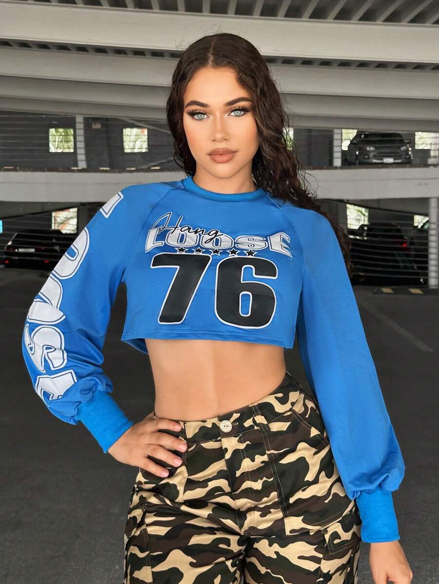 SHEIN SXY 字母圖案短款運動衫 - 藍色 - 查看 1