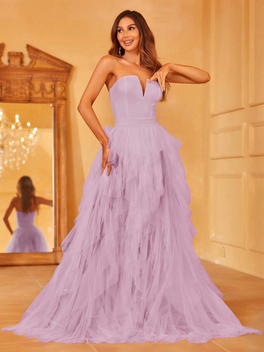 Off Shoulder Ruffle Trim Mesh Overlay Wedding Dress - Mauve Purple - View 1