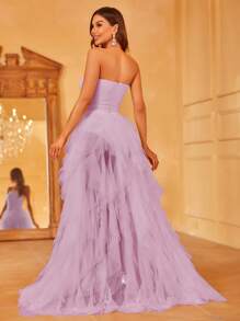 Off Shoulder Ruffle Trim Mesh Overlay Wedding Dress - Mauve Purple - View 2