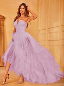 Off Shoulder Ruffle Trim Mesh Overlay Wedding Dress - Mauve Purple - View 3