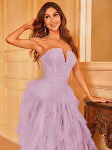Off Shoulder Ruffle Trim Mesh Overlay Wedding Dress - Mauve Purple - View 4