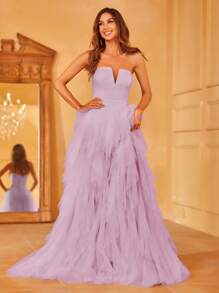 Off Shoulder Ruffle Trim Mesh Overlay Wedding Dress - Mauve Purple - View 6