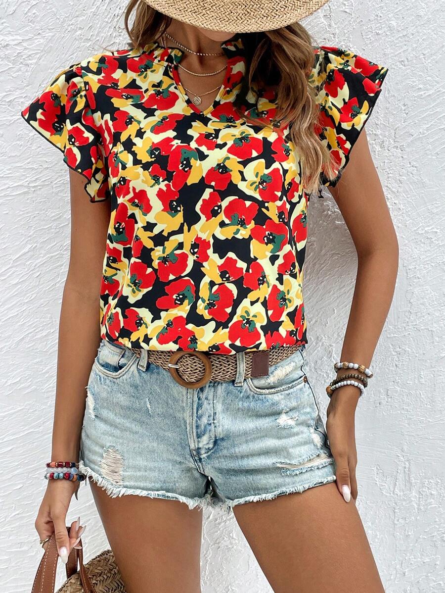 SHEIN VCAY In Toàn bộ Đường viền cổ có rãnh áo tay bướm Áo sơ mi - màu đen - Xem 1