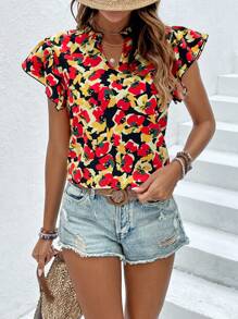 SHEIN VCAY In Toàn bộ Đường viền cổ có rãnh áo tay bướm Áo sơ mi - màu đen - Xem 5