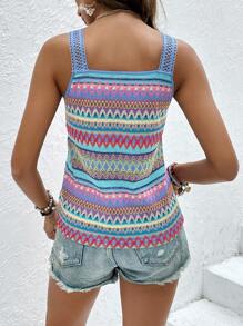 SHEIN VCAY Chevron Print Contrast Lace Wide Strap Top - Multicolor - View 2