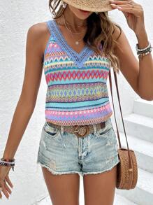 SHEIN VCAY Chevron Print Contrast Lace Wide Strap Top - Multicolor - View 5