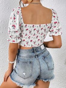 SHEIN VCAY In hoa Tie Trước Nếp gấp Phần Ngực Cổ vuông Ống tay áo Áo sơ mi Crop - Nhiều màu - Xem 2