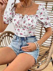 SHEIN VCAY In hoa Tie Trước Nếp gấp Phần Ngực Cổ vuông Ống tay áo Áo sơ mi Crop - Nhiều màu - Xem 6