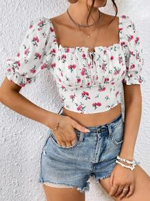 SHEIN VCAY In hoa Tie Trước Nếp gấp Phần Ngực Cổ vuông Ống tay áo Áo sơ mi Crop - Nhiều màu - Xem 4