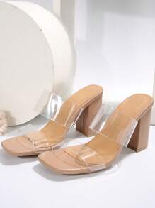 Frends2025 夏季新款透明水晶系带时尚简约粗跟凉鞋，适合女性，可用于摄影、派对、直播等场合。 - 杏色 - 查看 4
