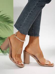 Frends2025 夏季新款透明水晶系带时尚简约粗跟凉鞋，适合女性，可用于摄影、派对、直播等场合。 - 杏色 - 查看 7