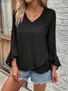 SHEIN Clasi Schweizer Polka Dot Patchwork Shirt Mit Ausgestellten Ärmeln - Schwarz - Übersicht 1