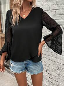 SHEIN Clasi Schweizer Polka Dot Patchwork Shirt Mit Ausgestellten Ärmeln - Schwarz - Übersicht 4
