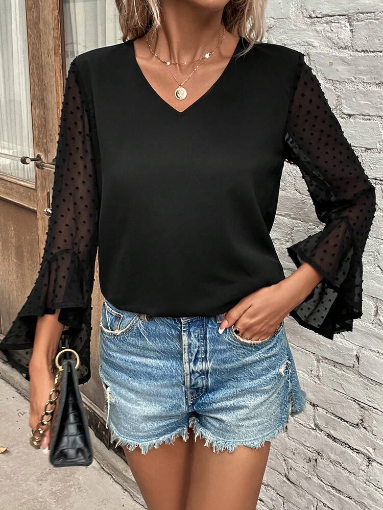 Swiss Polka Dot Patchwork Flare Sleeve Shirt