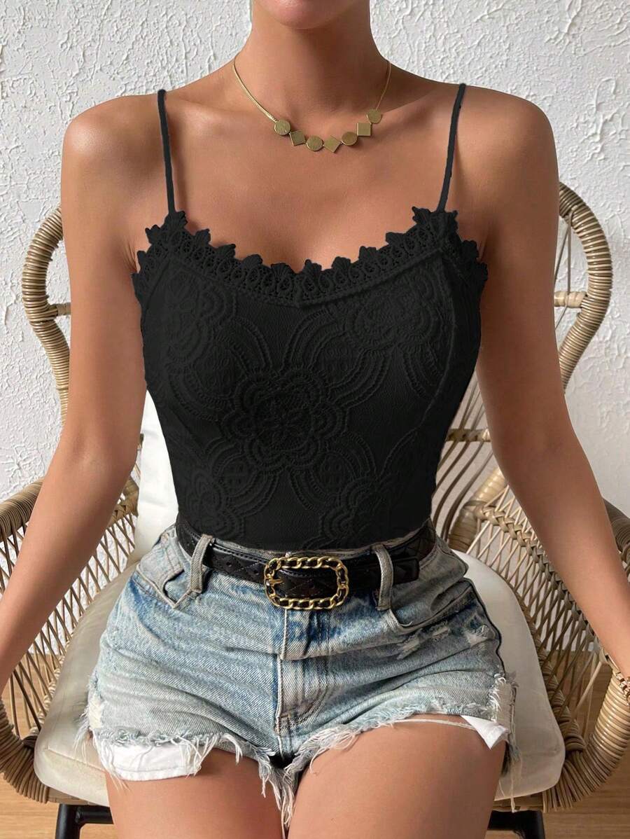 SHEIN LUNE 拼接水溶蕾絲吊帶連體衣 - 黑色 - 查看 1