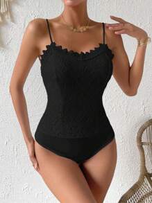 SHEIN LUNE 拼接水溶蕾絲吊帶連體衣 - 黑色 - 查看 3