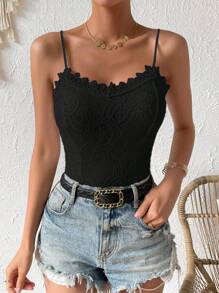 SHEIN LUNE 拼接水溶蕾絲吊帶連體衣 - 黑色 - 查看 4