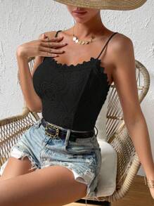 SHEIN LUNE 拼接水溶蕾絲吊帶連體衣 - 黑色 - 查看 5