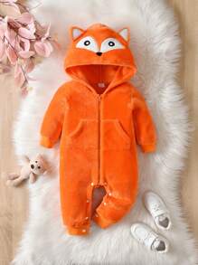 SHEIN 女嬰卡通刺繡3D耳朵設計連帽拉鍊法蘭絨連身褲 - 橘色 - 查看 1