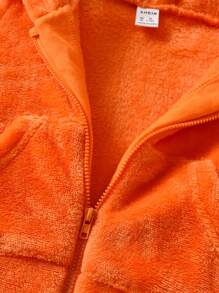 SHEIN 女嬰卡通刺繡3D耳朵設計連帽拉鍊法蘭絨連身褲 - 橘色 - 查看 4