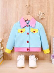 Baby Girl Contrast Trim Flap Detail Jacket - Blue - View 1