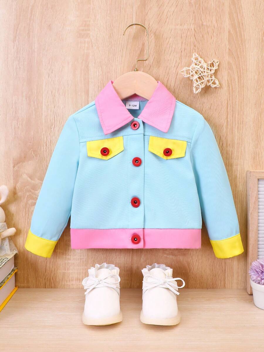 Baby Girl Contrast Trim Flap Detail Jacket - Blue - View 1