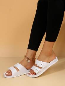 女士搭扣裝飾雙帶拖鞋,時尚拖鞋